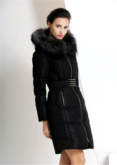纯色修身连帽银狐毛领威伦蒂加厚中长款羽绒服
